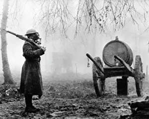 Sentinel: American soldier with gas mask