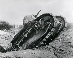 Tipped: American tank on a battlefield, WW1