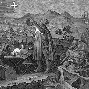 Navigating: Amerigo Vespucci Using Astrolabe, Engraving circa 1600