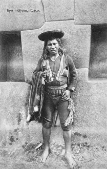 Amerindian: Amerindian Man - Cyclopean Wall - Cuzco, Peru