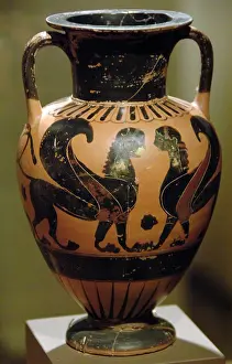 Sphinx: AMPHORISC decorated with black figures representing Sphinx