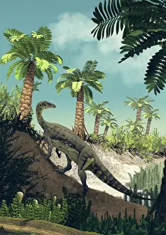 Riverbed: An Anchisaurus polyzelus climbs the slope of a dry riverbed