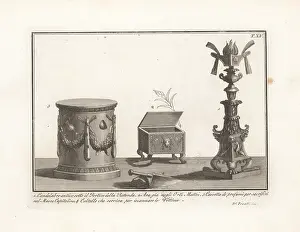 Greeks And Romans: Ancient candelabra, perfume box, altar and knife