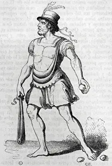 Projectiles: Ancient history. Majorcan slinger. Engraving, 1852