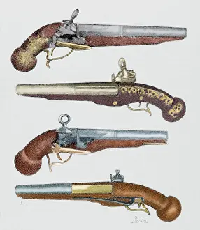 Weaponry: Ancient pistols. 18th century. Colored engraving