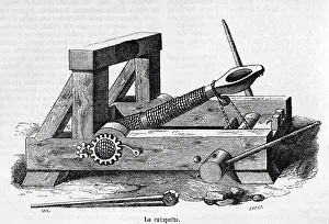 Projectiles: Ancient times. The catapult. Siege machine. Engraving
