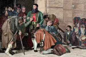 Kneel: Andreas Hofer (1767-1810) led to execution. Engraving. Color