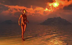 Shiny: An android robot walking along a deserted shoreline