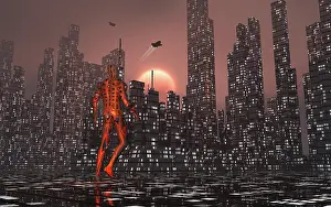 Colonization: An android walking through a futuristic city