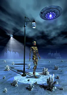 Cybernetic: An android walking under an old-fashioned street light