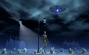 Cybernetic: An android walking under an old-fashioned street light