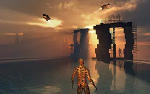 Desolate: Androids exploring the ruins of an old city, with