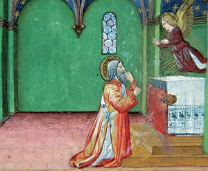 Kneel: An angel appears before Zechariah in the temple. Codex of Pr