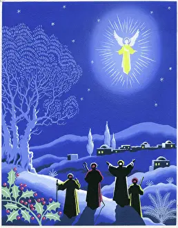 Sprig: Angel over Bethlehem with shepherds