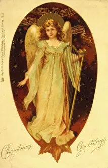 Harps: Angel with a harp on a Christmas Card