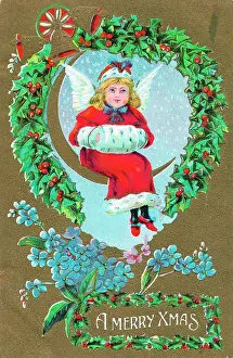 Forgetmenot: Angel with holly on a Christmas postcard