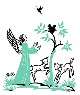 Lark: Angel with Lambs, squirrel and lark