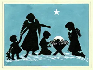 Two Colour: Angel with two little children by the manger