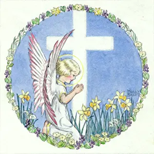 An angel praying by a cross