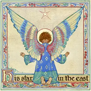 An angel prays towards a shining star in the East