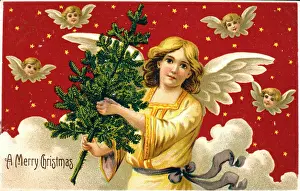 Putto: Angel with tree on a Christmas card
