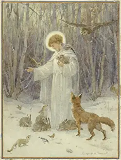 An angelic figure surrounded by forest creatures