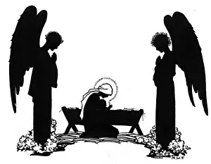 Nativity: Two Angels by the crib - silhouette
