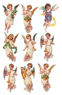 Harps: Angels with flowers and instruments on nine Victorian scraps
