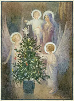 Halos: Angels help decorate a christmas tree