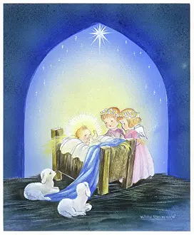 Schermele: Two angels and lambs beside the Holy Crib