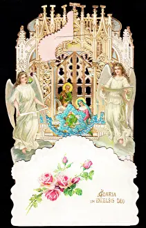 Forgetmenot: Two angels with nativity scene on a Christmas card