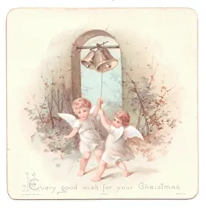 Cherubic: Two angels ringing bells on a Christmas card