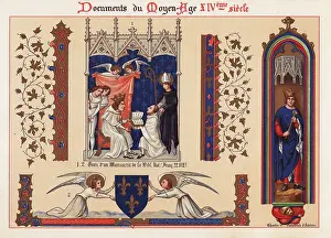 Moyen Age: Angels with shield, priest presenting an illuminated