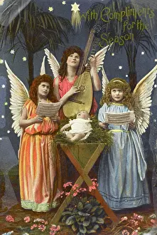 Angelic: Three angels sing around crib - Kitsch Christmas postcard