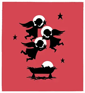 Two Colour: Angels with stars over the sleeping Holy Child