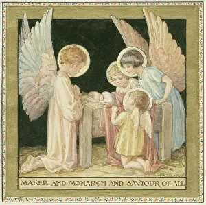 Angels visit the baby jesus in a manger