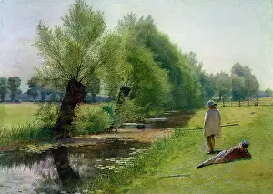 Angling: Angling scene with two figures on riverbank