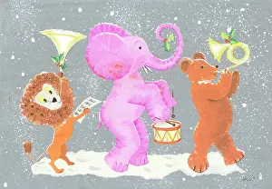Cute Christmas: Animal band with lion, elephant and bear playing instruments