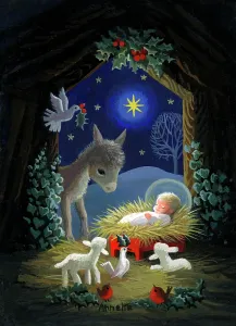 Jane Gordon Clark: Animal Nativity scene - Robins in foreground