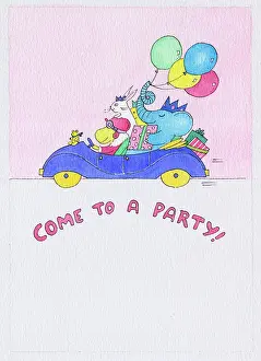 Hippo: Animals in a car with balloons and presents