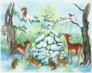 Hedgehog: Animals around a Christmas tree in the snow