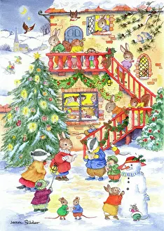 Advent: Animals with Christmas tree and snowman