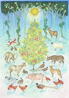 Advent: Animals around a Christmas tree in woodland
