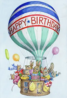 Hedgehogs: Animals with presents in balloon basket