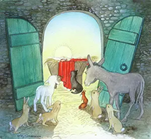 Schermele: Animals at the stable door gazing at the crib