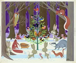 Cute Christmas: Animals in wood with Christmas Tree