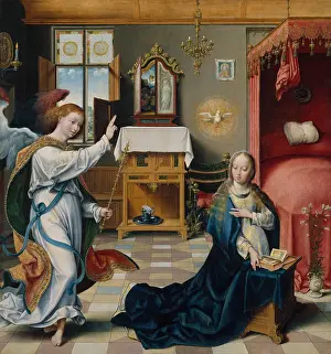 Oil On Wood: THE ANNUNCIATION, by Joos van Cleve, 1525, Netherlandish