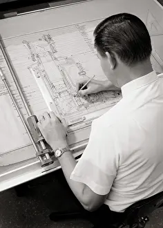 Drafting: Anonymous Man Working Drawing Industrial Schematic