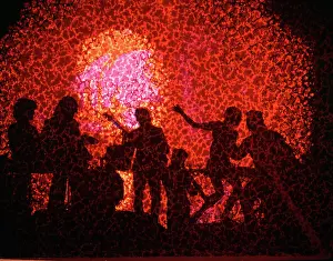 Discotheque: Anonymous Red Silhouetted Disco Dancers Dancing to Rock an