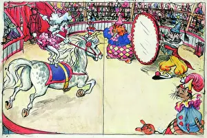 Approaching: Anthropomorphic cats and dogs perform in circus ring